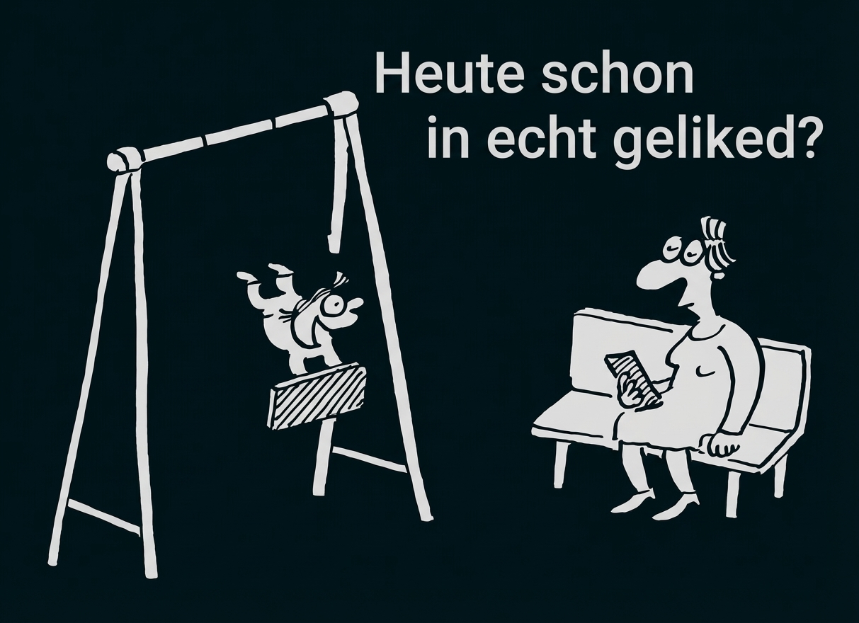 Kind auf Schaukel, Frau mit Smartphone auf Parkbank, Schriftzug "Heute schon in echt geliked?"